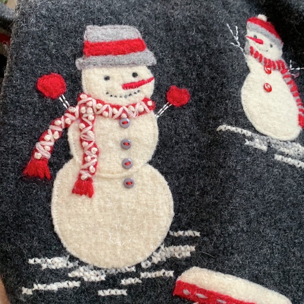 TALBOTS | Snowman Holiday Zippered Cardigan, Charcoal Grey w/ Appliqués | Sz M - Picture 7 of 12